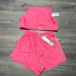 NWT LF Pink Lace-Up Crop Top and Shorts Set